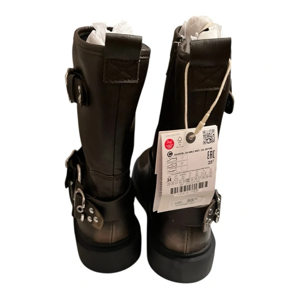 ZARA Girls Brown Buckle Moto‎ Boots | Size 2.5 New With Tags